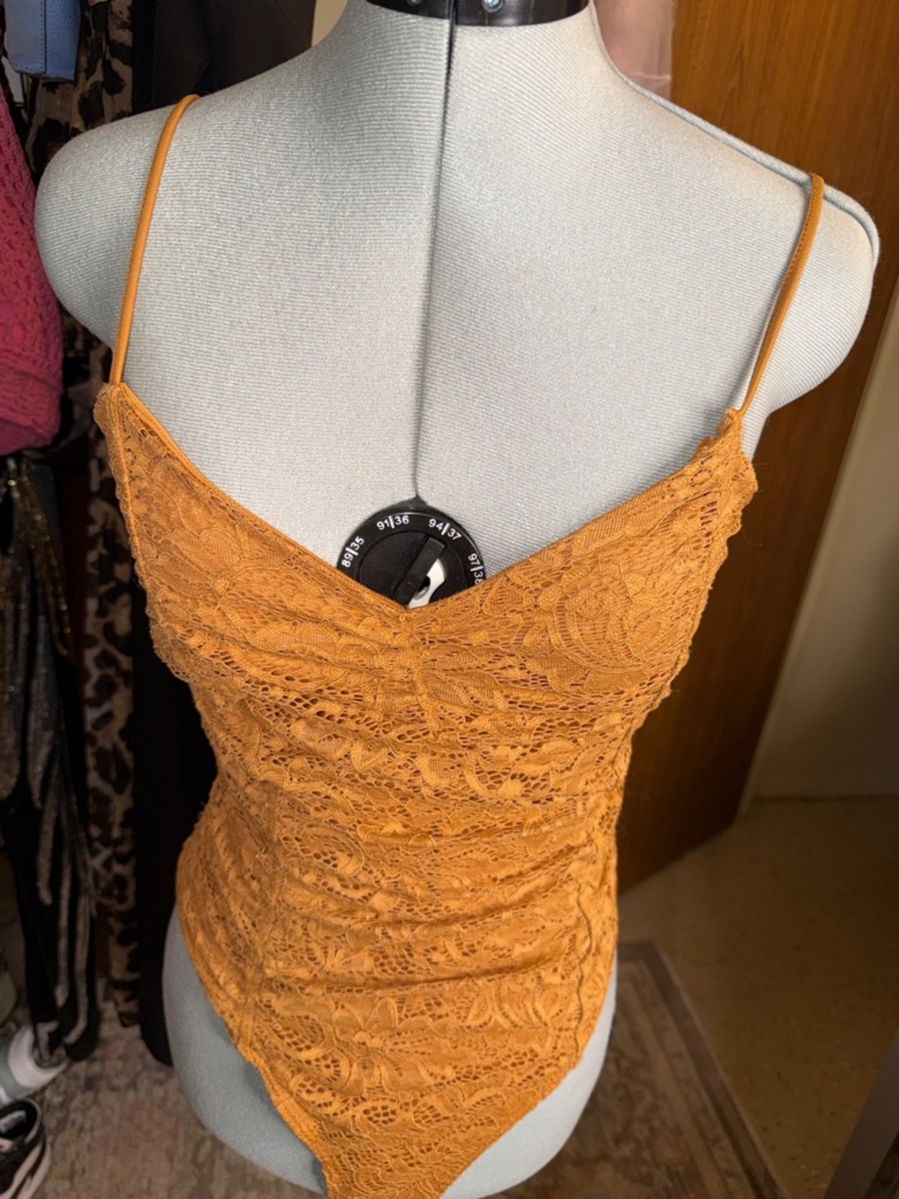 Forever 21 Mustard Orange Lace Spaghetti-Strap Camisole Bodysuit